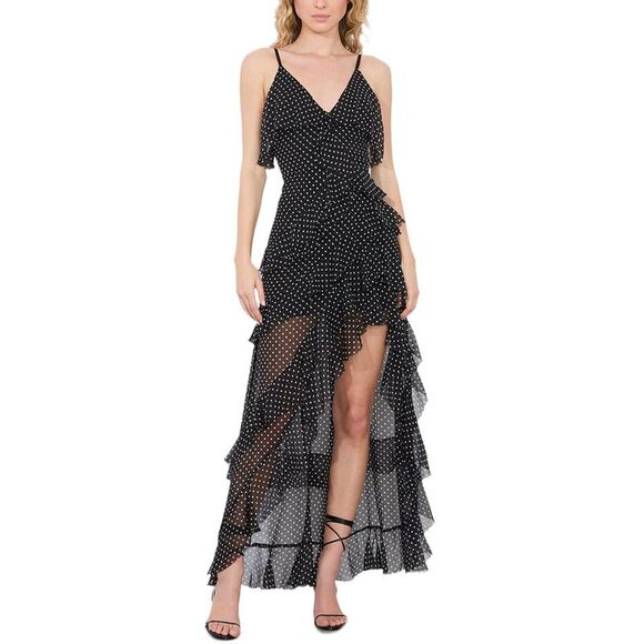 Alice + Olivia Womens  Laverne Asymmetrical Ruffle Silk-Trim Dress, Black - Picture 1 of 5
